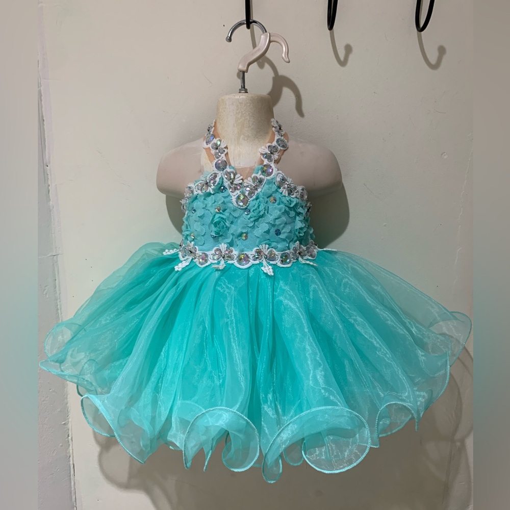 6/9 Months Aqua & White Beaded Halter Style Pageant Dress W/ headband Bow NWT